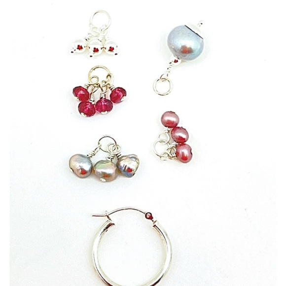Sterling Changeable Charm Hoop Set With 5 Pairs of Charms, Pearls, Gemstones, - Picture 2 of 6